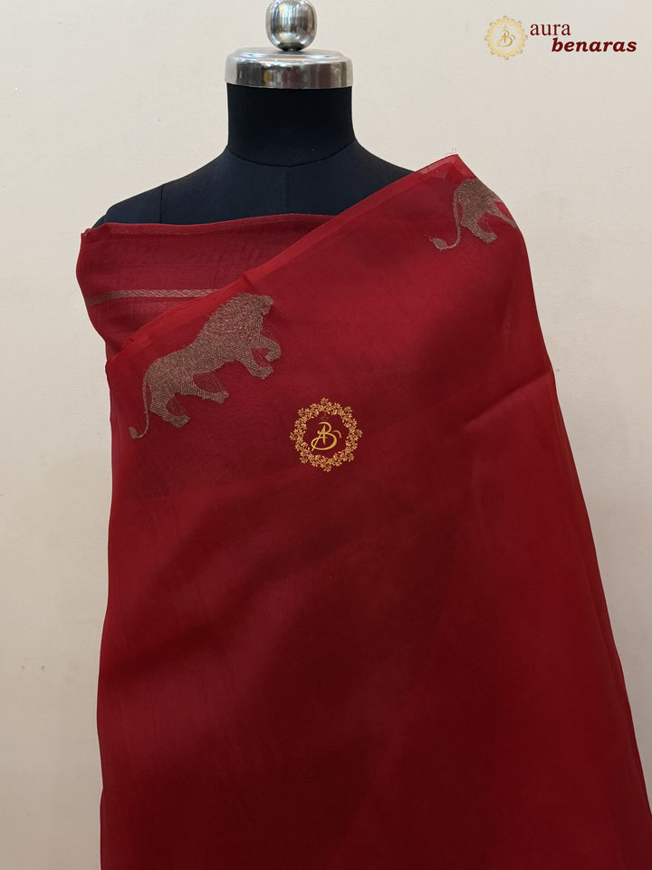 Deep Red Kora Silk Banarasi Saree | Cow Motif Border