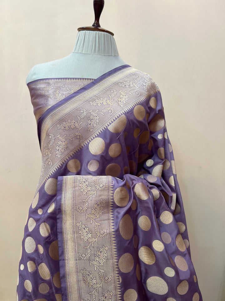 Pastel Lavender Pure Katan Silk Handloom Saree with Golden Floral butas