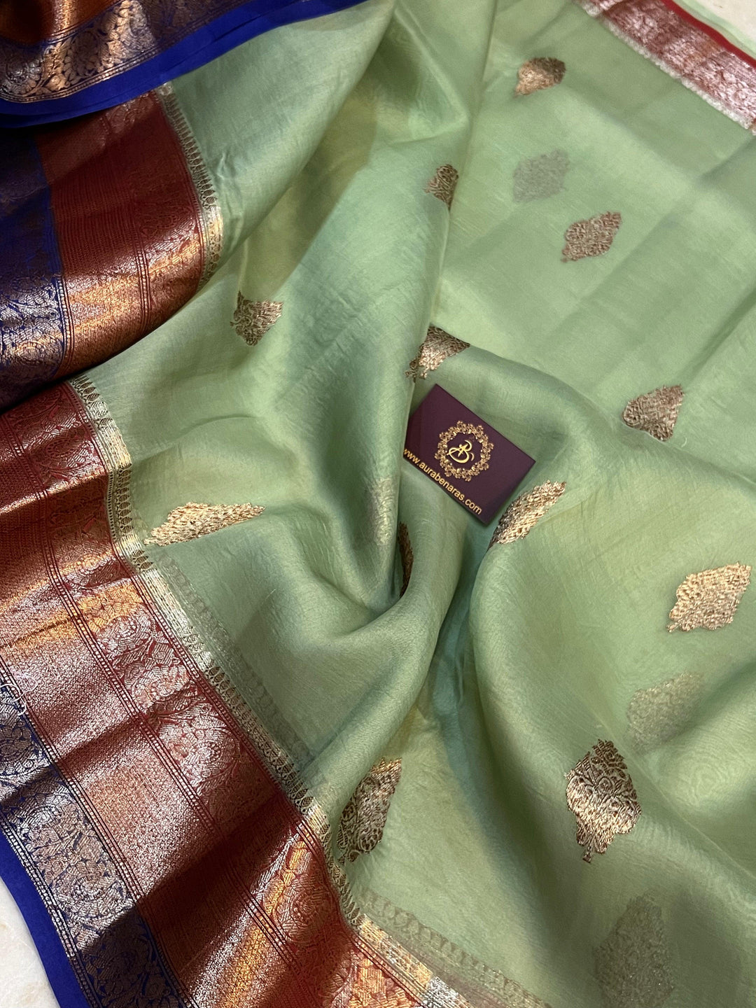 Dusty Green Banarasi Handloom Kora Silk Saree - Aura Benaras