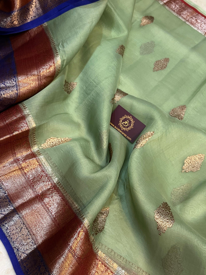 Dusty Green Banarasi Handloom Kora Silk Saree - Aura Benaras