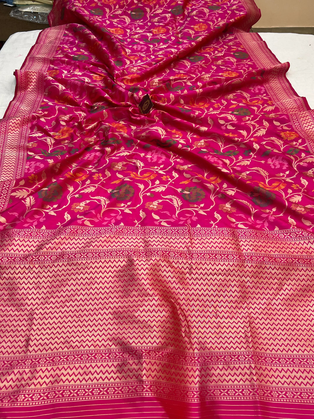 Hot Pink Katan Silk Banarasi Saree | Handloom Jaal with Tilfi Meenakari