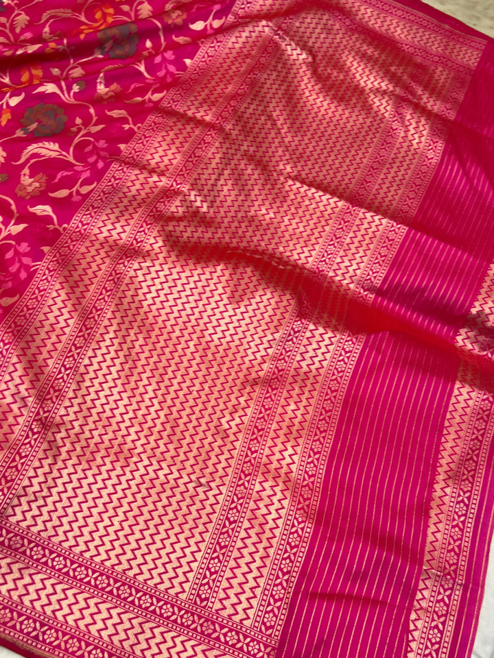 Hot Pink Katan Silk Banarasi Saree | Handloom Jaal with Tilfi Meenakari