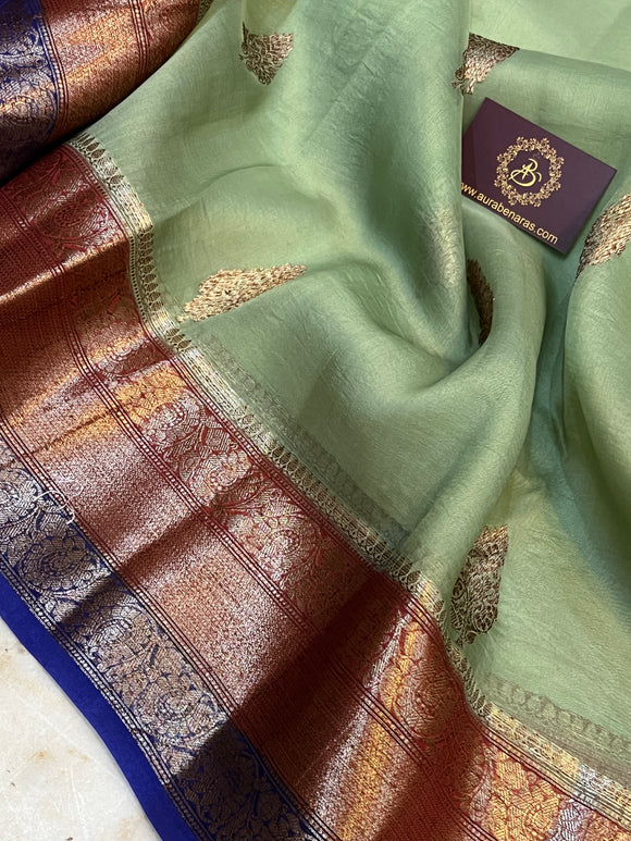 Dusty Green Banarasi Handloom Kora Silk Saree - Aura Benaras