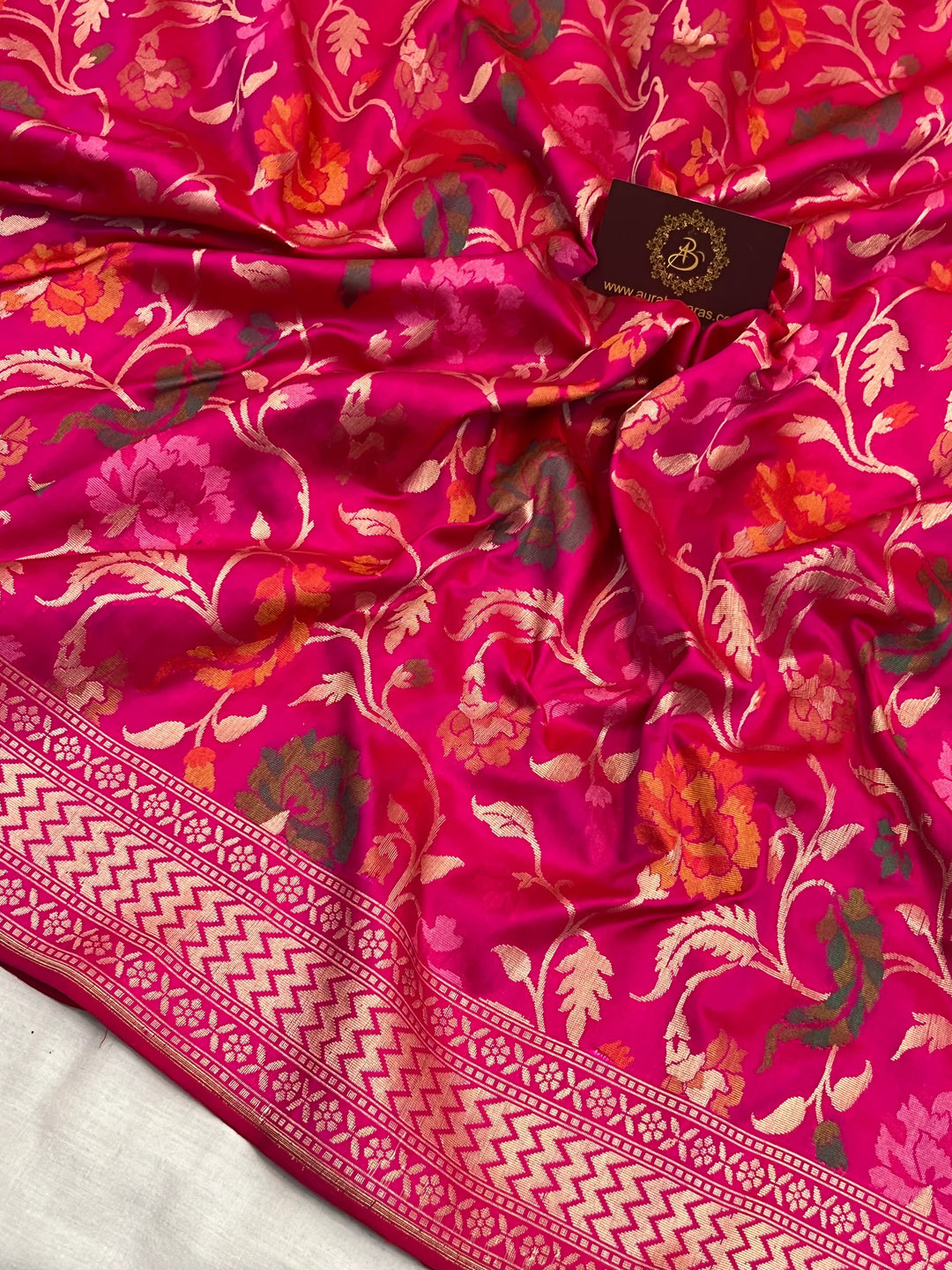 Hot Pink Katan Silk Banarasi Saree | Handloom Jaal with Tilfi Meenakari