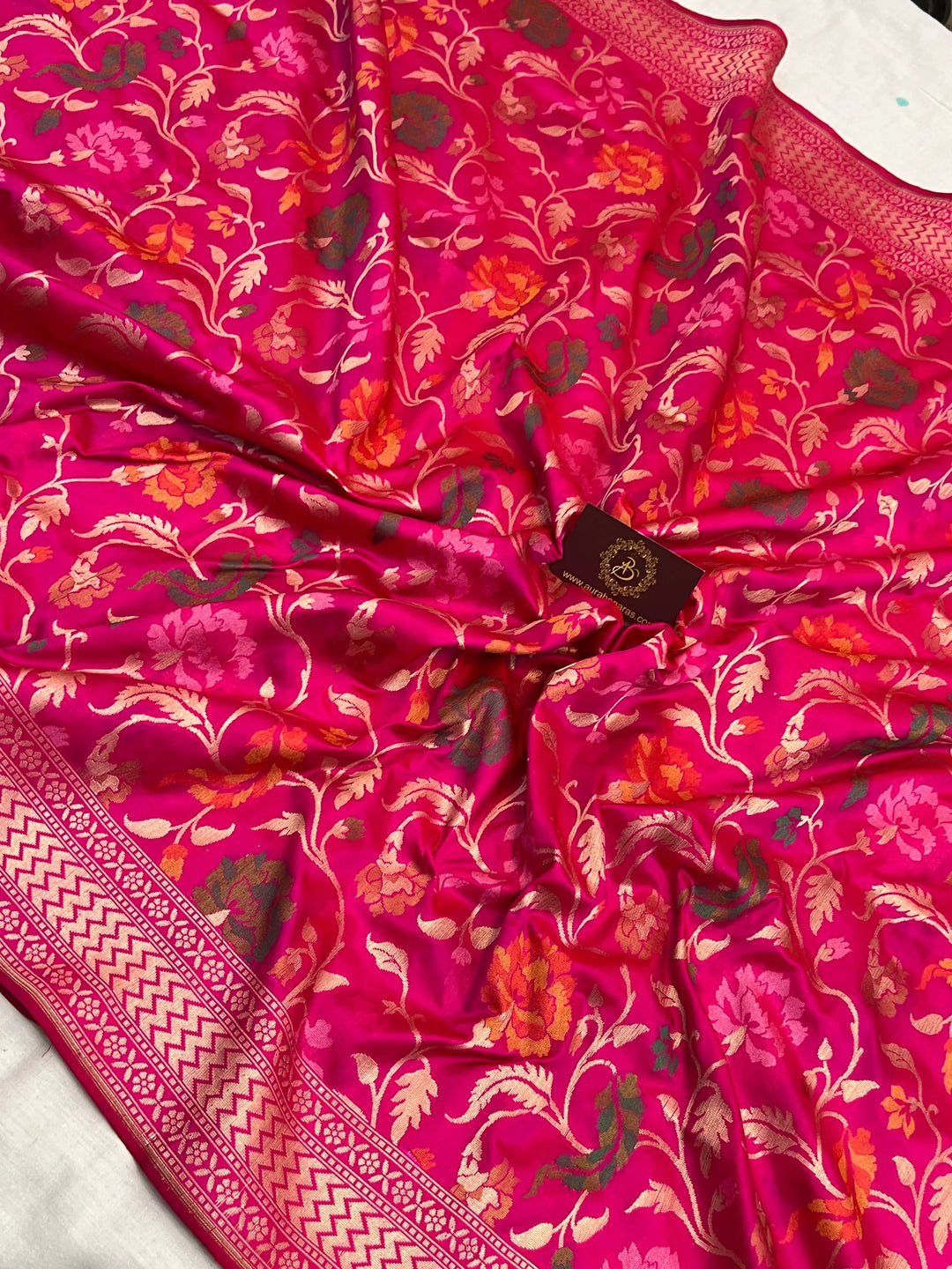 Hot Pink Katan Silk Banarasi Saree | Handloom Jaal with Tilfi Meenakari