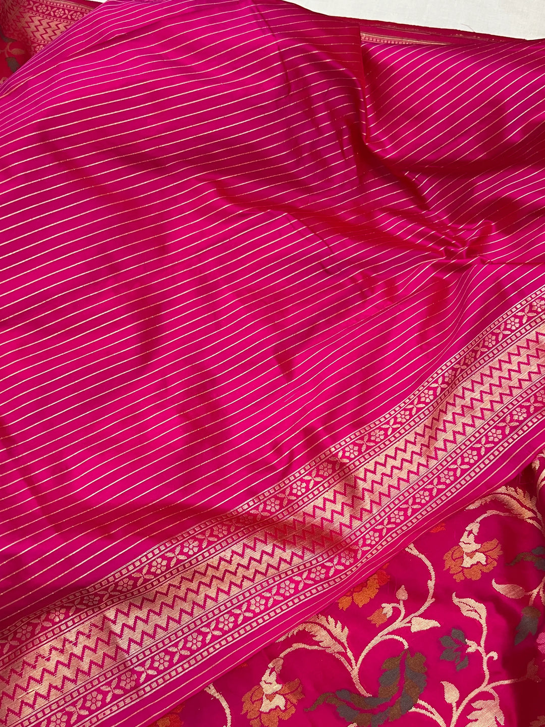 Hot Pink Katan Silk Banarasi Saree | Handloom Jaal with Tilfi Meenakari