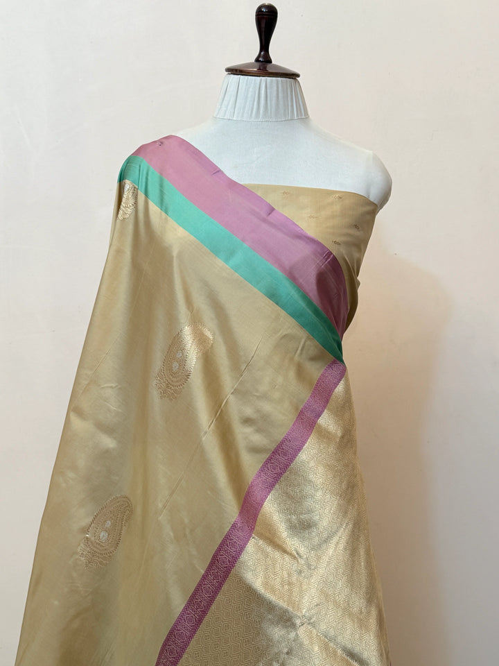 Beige Pure Katan Silk Handloom Banarasi Saree