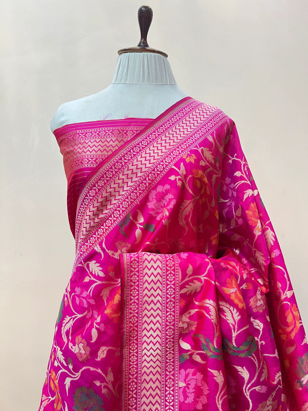 Hot Pink Katan Silk Banarasi Saree | Handloom Jaal with Tilfi Meenakari