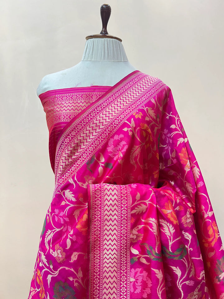 Hot Pink Katan Silk Banarasi Saree | Handloom Jaal with Tilfi Meenakari