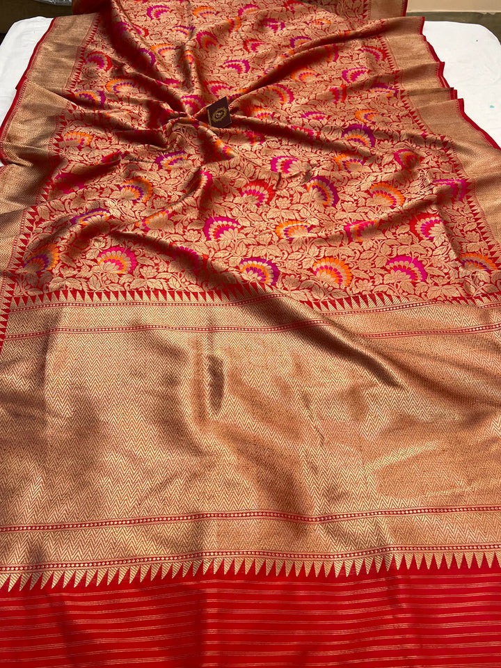 Red Katan Silk Banarasi Saree | Handloom Jaal with Tilfi Meenakari