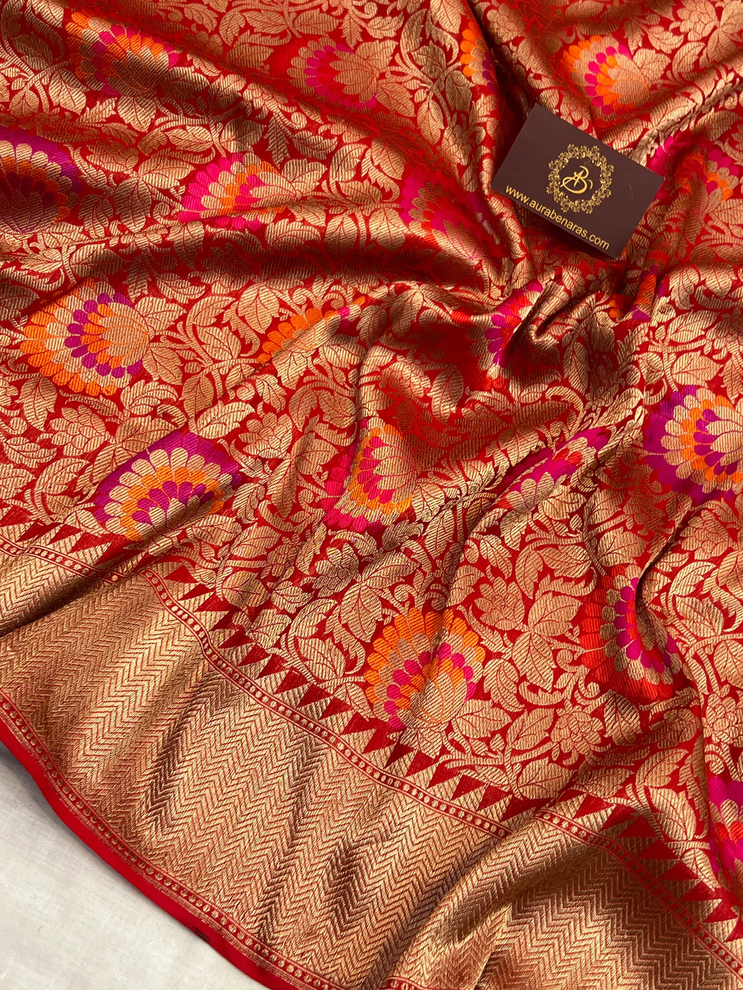 Red Katan Silk Banarasi Saree | Handloom Jaal with Tilfi Meenakari