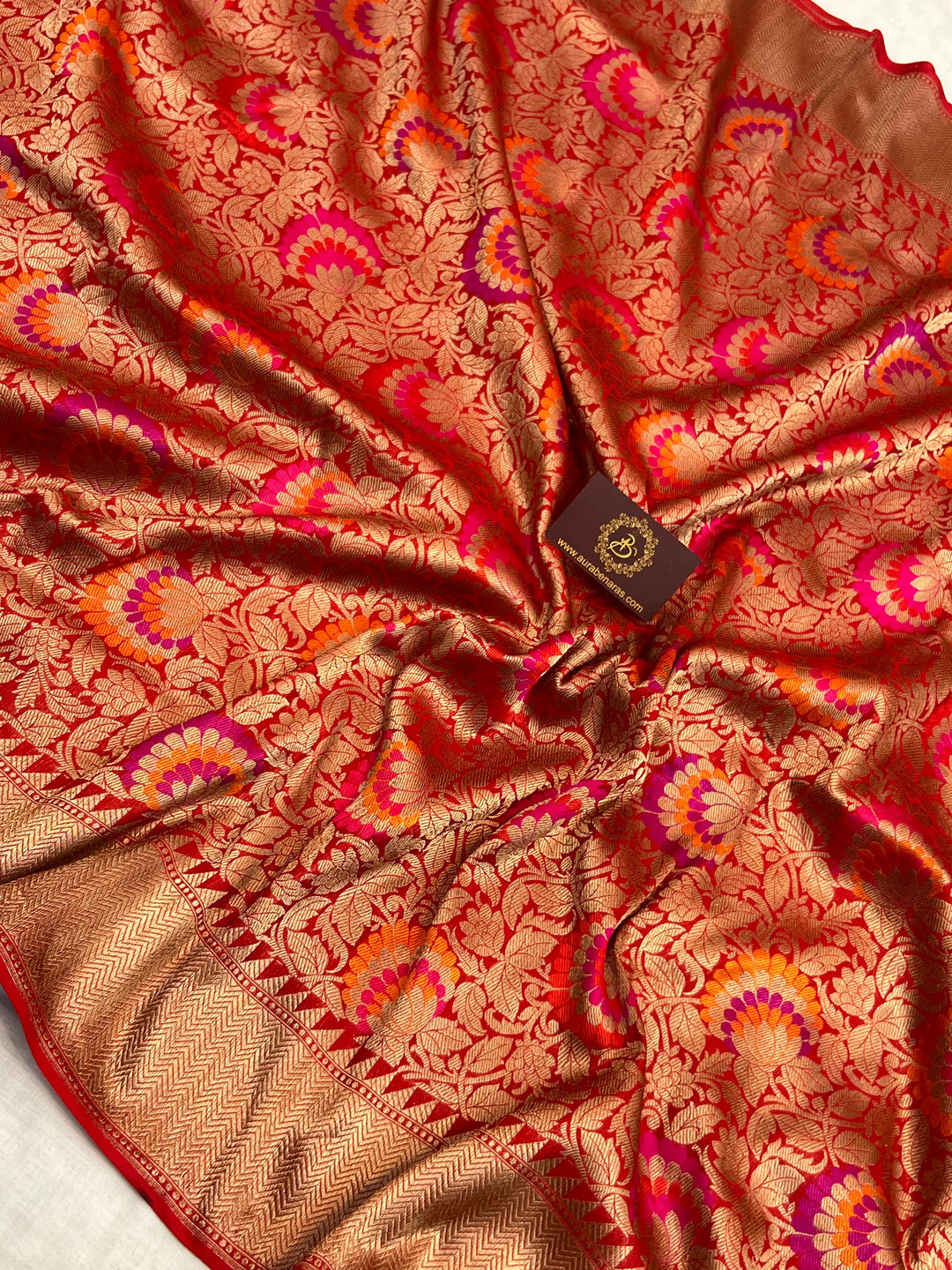 Red Katan Silk Banarasi Saree | Handloom Jaal with Tilfi Meenakari