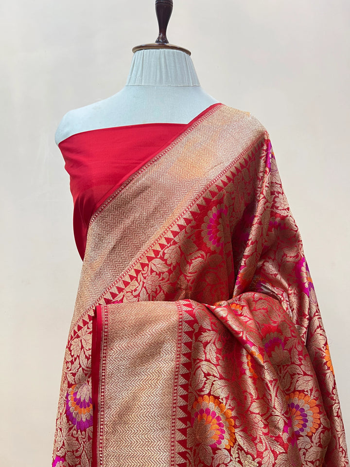 Red Katan Silk Banarasi Saree | Handloom Jaal with Tilfi Meenakari