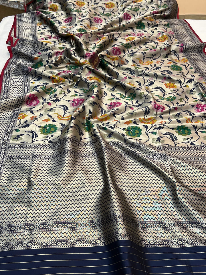 Navy Blue Katan Silk Banarasi Saree | Handloom Jaal with Tilfi Meenakari