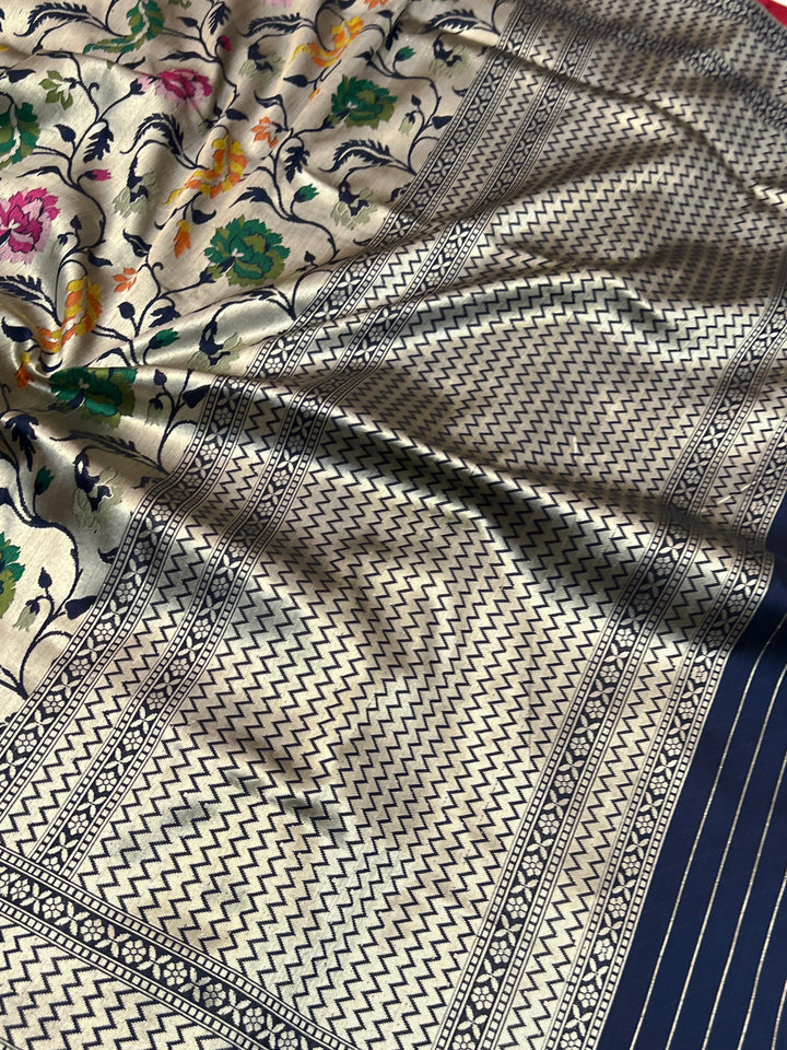 Navy Blue Katan Silk Banarasi Saree | Handloom Jaal with Tilfi Meenakari