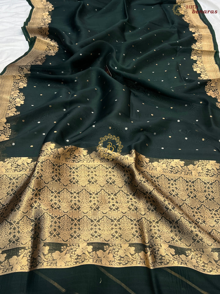 Bottle Green Pure Kora Silk Handloom Banarasi Saree