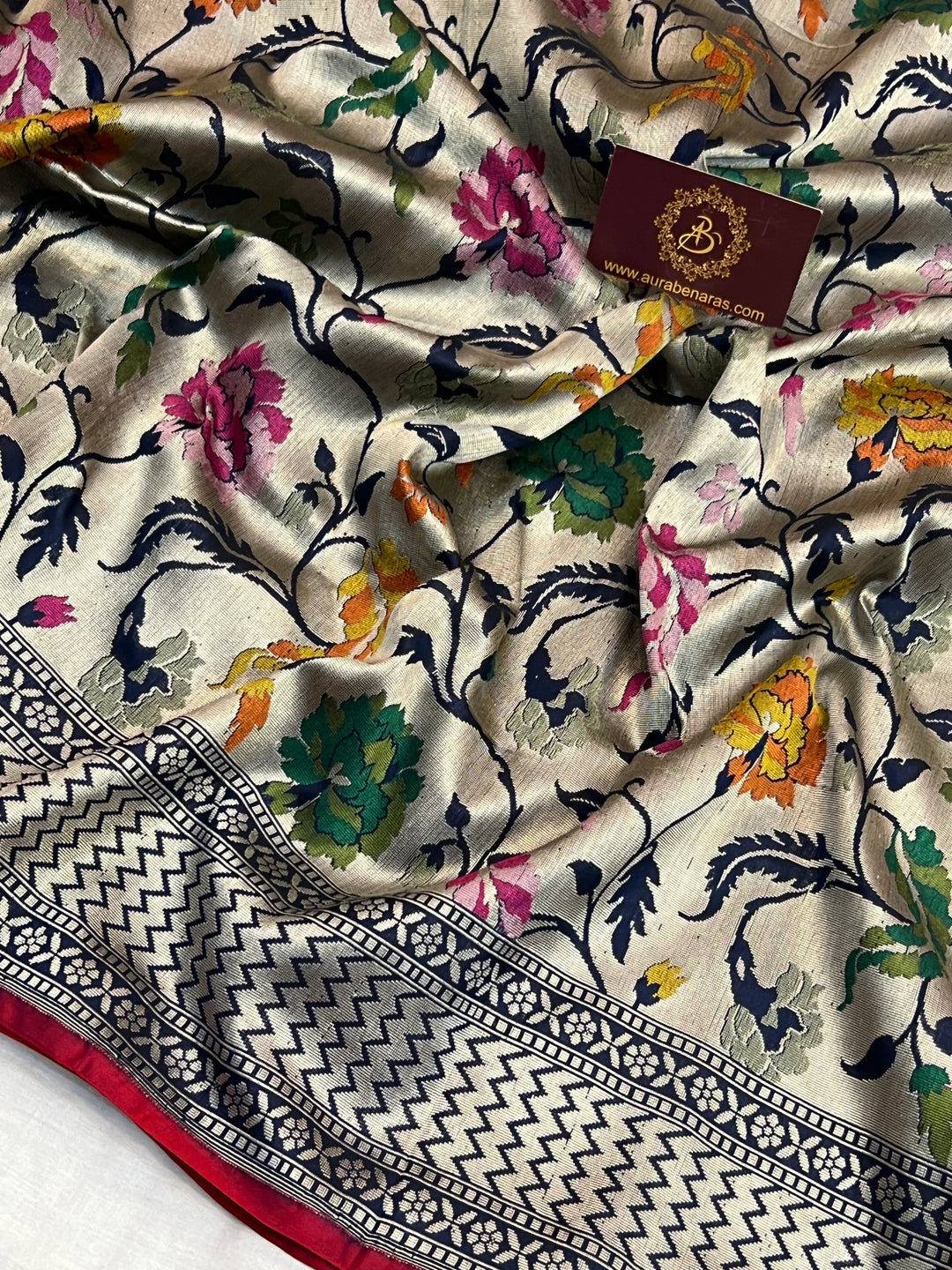 Navy Blue Katan Silk Banarasi Saree | Handloom Jaal with Tilfi Meenakari