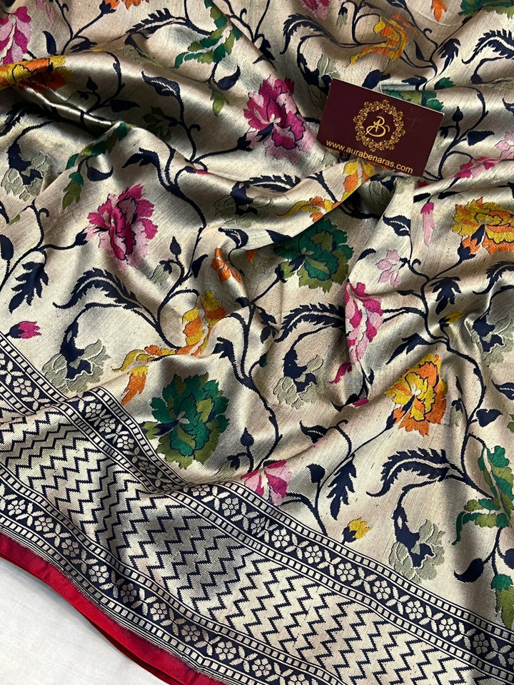 Navy Blue Katan Silk Banarasi Saree | Handloom Jaal with Tilfi Meenakari