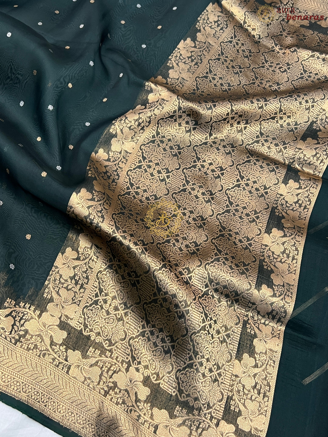 Bottle Green Pure Kora Silk Handloom Banarasi Saree