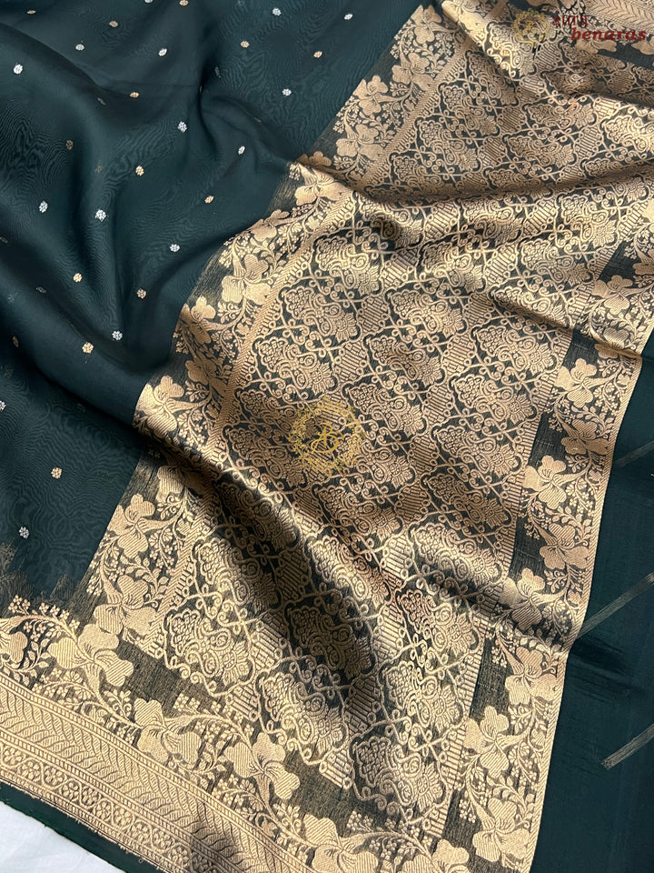 Bottle Green Pure Kora Silk Handloom Banarasi Saree