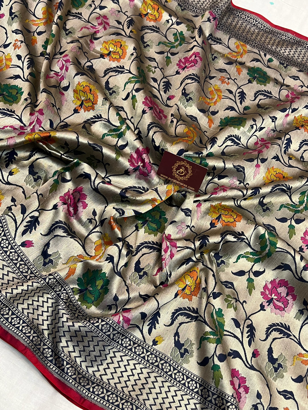 Navy Blue Katan Silk Banarasi Saree | Handloom Jaal with Tilfi Meenakari