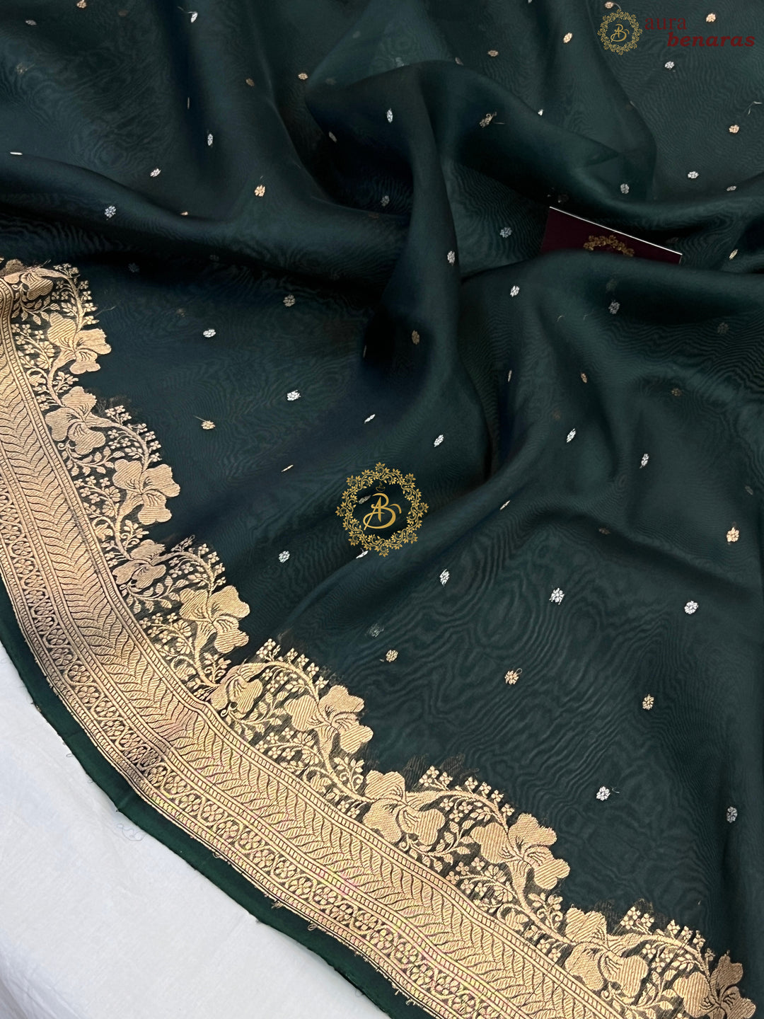 Bottle Green Pure Kora Silk Handloom Banarasi Saree