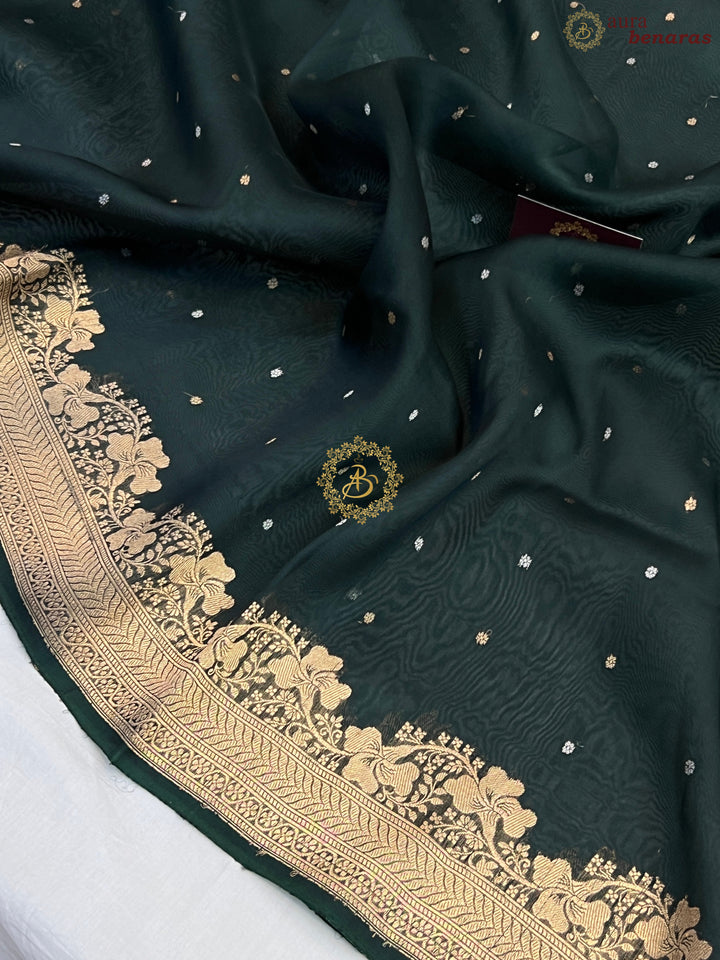 Bottle Green Pure Kora Silk Handloom Banarasi Saree