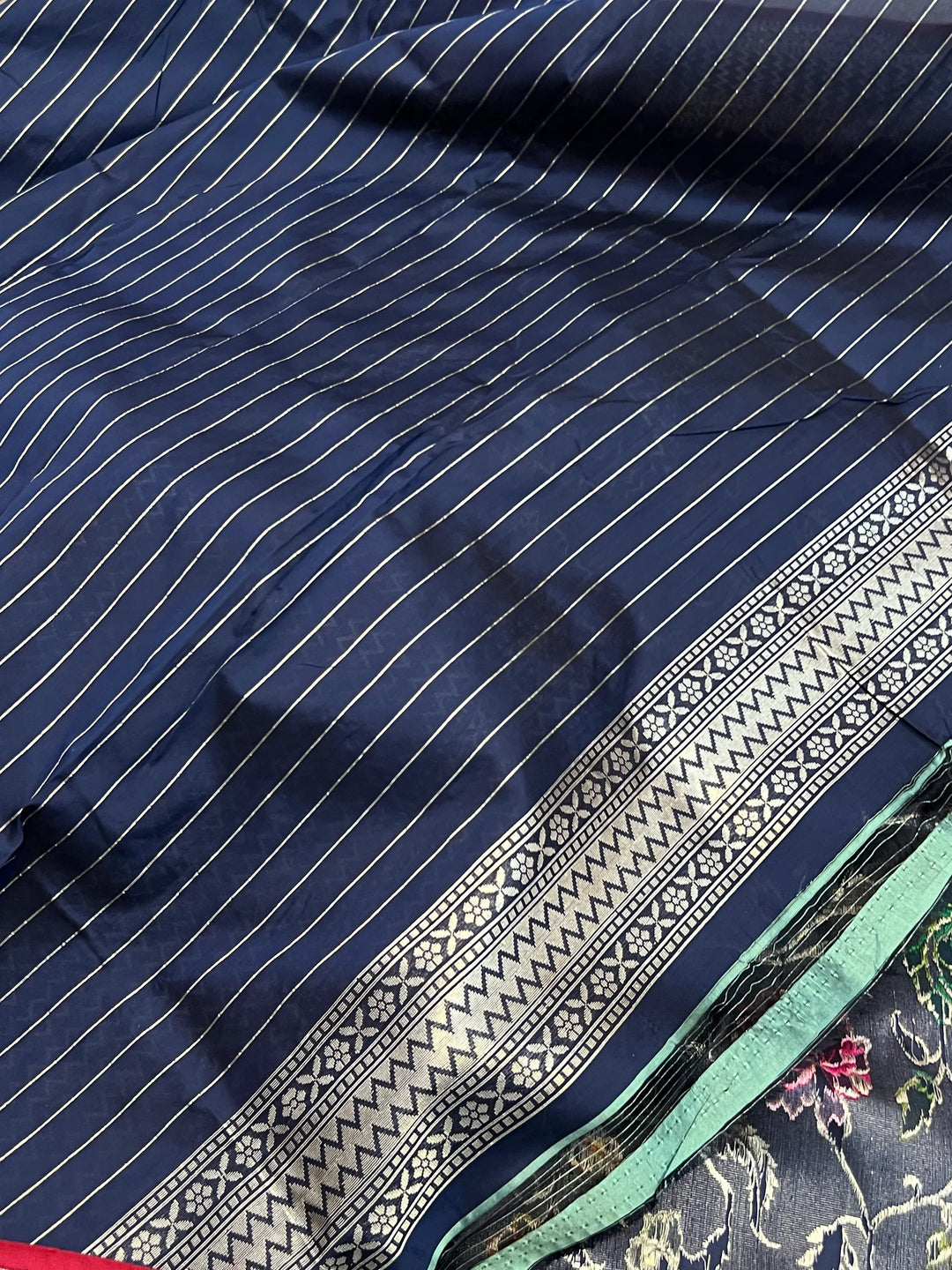 Navy Blue Katan Silk Banarasi Saree | Handloom Jaal with Tilfi Meenakari