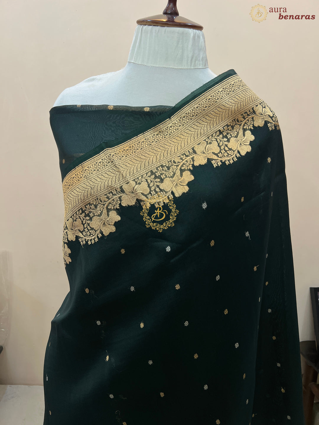 Bottle Green Pure Kora Silk Handloom Banarasi Saree