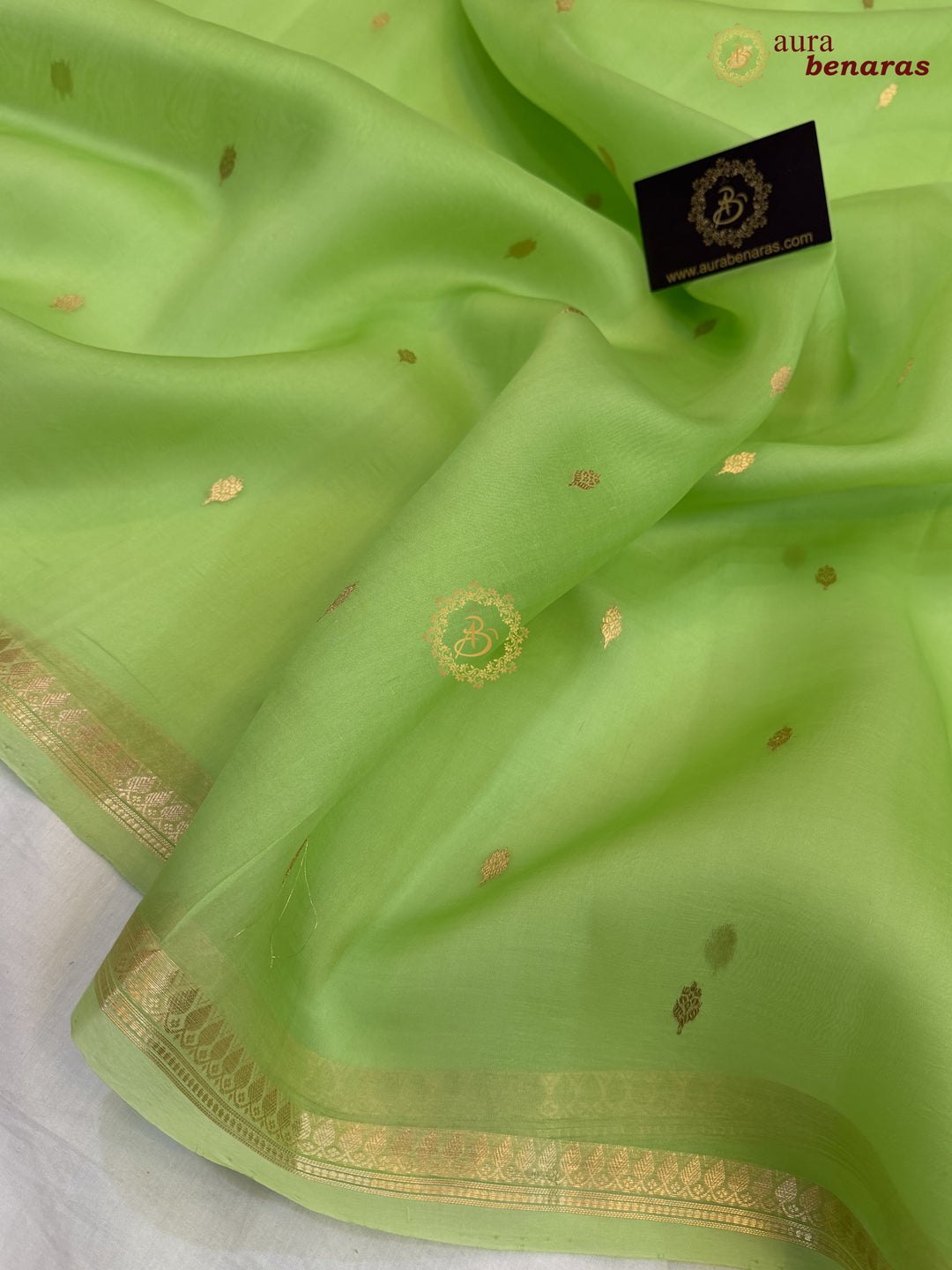 Pista Green Kora Silk Banarasi Saree with Zari Butis & Border