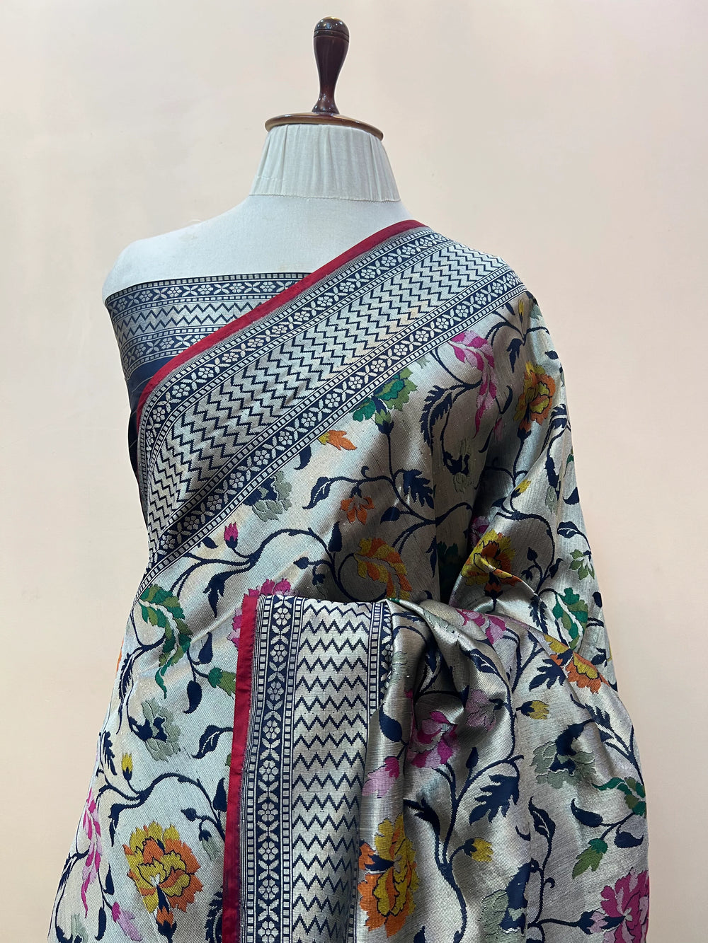 Navy Blue Katan Silk Banarasi Saree | Handloom Jaal with Tilfi Meenakari