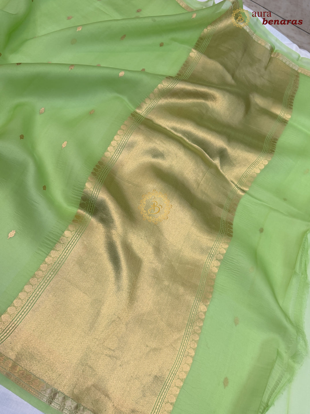 Pista Green Kora Silk Banarasi Saree with Zari Butis & Border