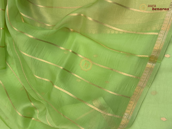 Pista Green Kora Silk Banarasi Saree with Zari Butis & Border