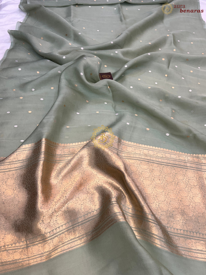 Sage Green Pure Kora silk Handloom Banarasi Saree