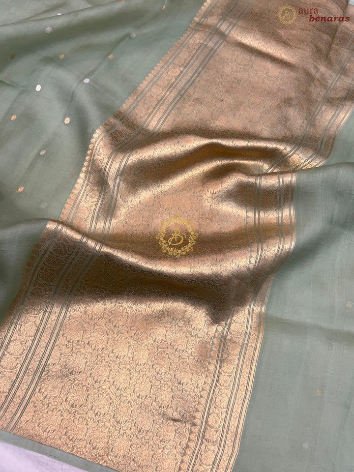 Sage Green Pure Kora silk Handloom Banarasi Saree