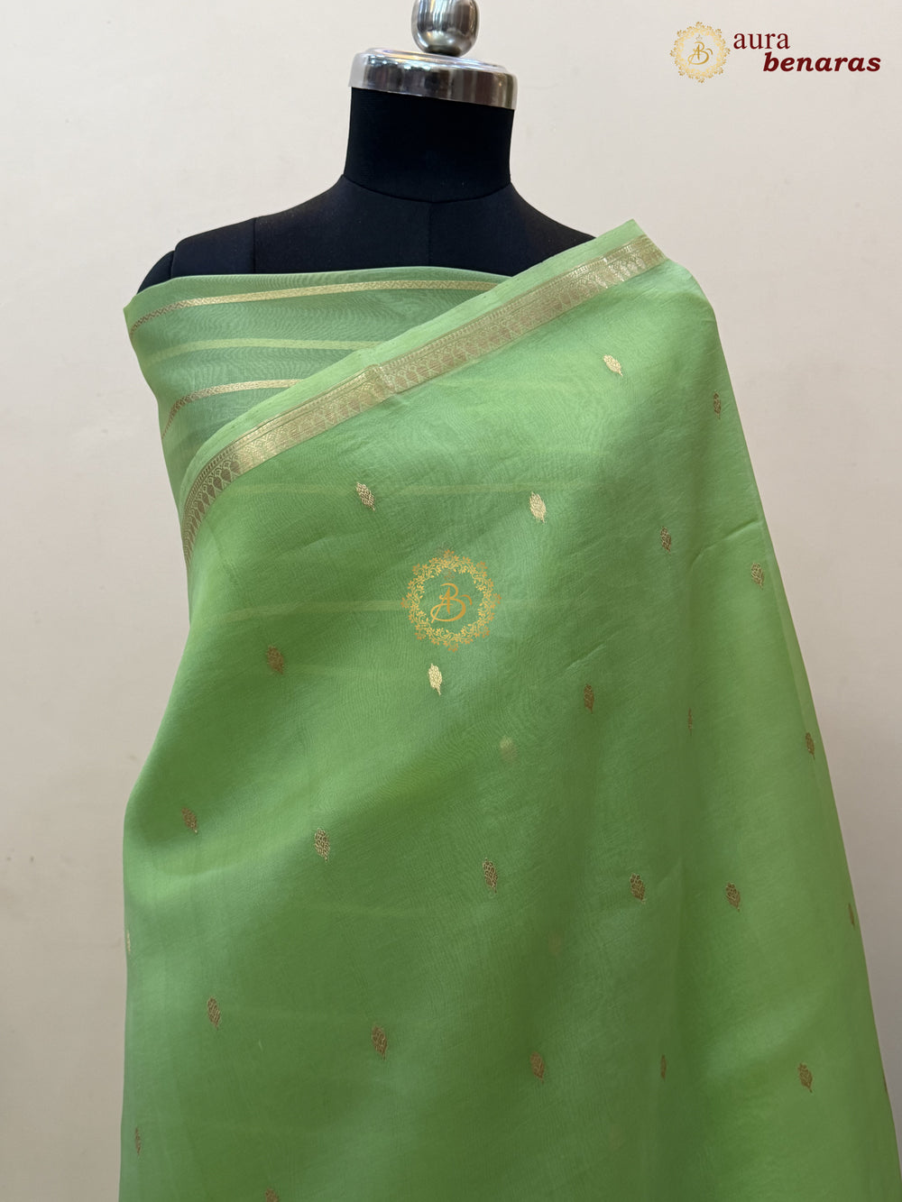 Pista Green Kora Silk Banarasi Saree with Zari Butis & Border