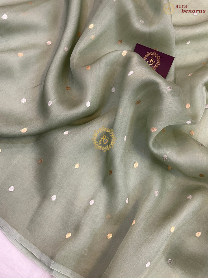 Sage Green Pure Kora silk Handloom Banarasi Saree