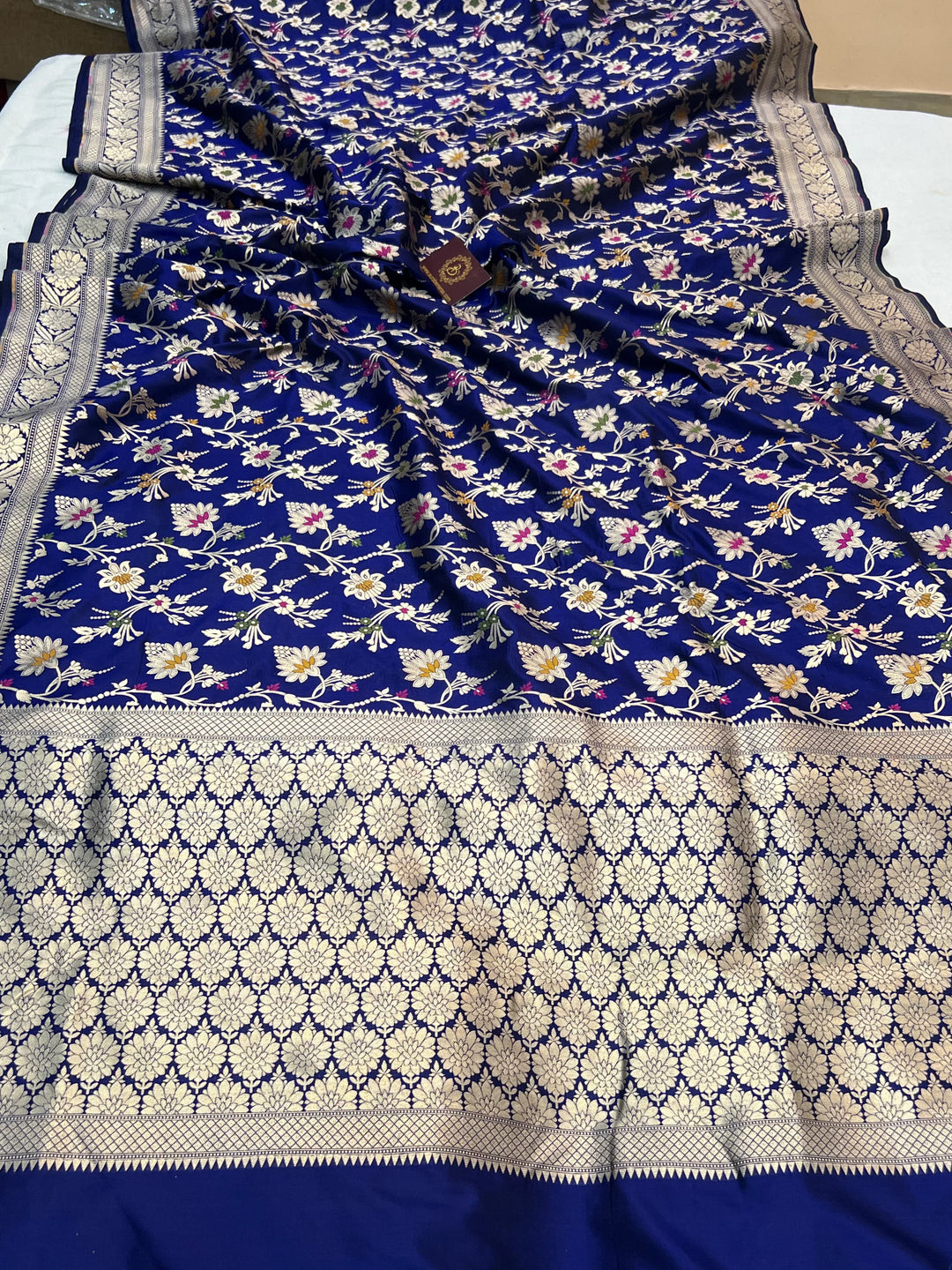 Royal Blue Pure Katan Silk Handloom Saree with Golden Floral Jaal