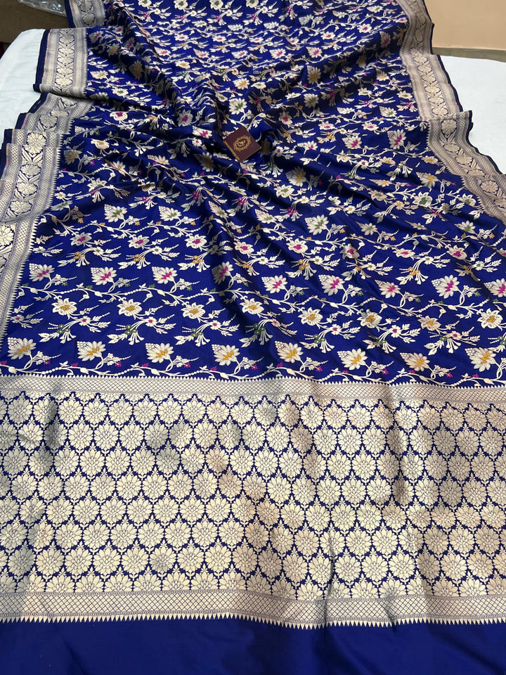 Royal Blue Pure Katan Silk Handloom Saree with Golden Floral Jaal