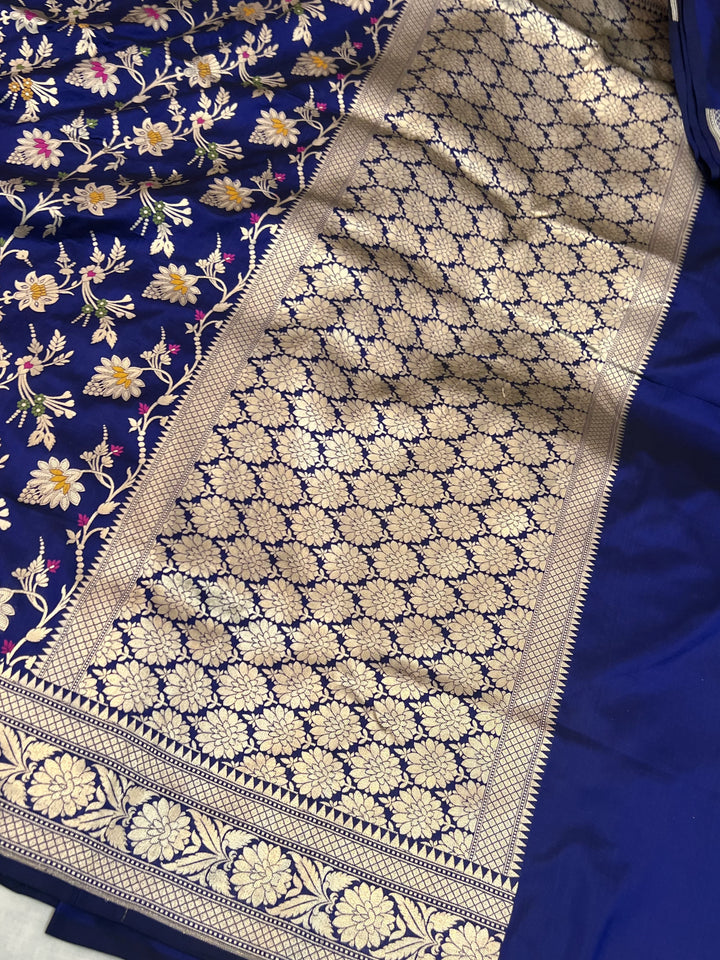 Royal Blue Pure Katan Silk Handloom Saree with Golden Floral Jaal