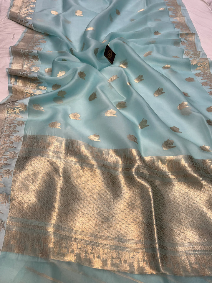 Pale Blue Pure Kora Silk Handloom Banarasi Saree