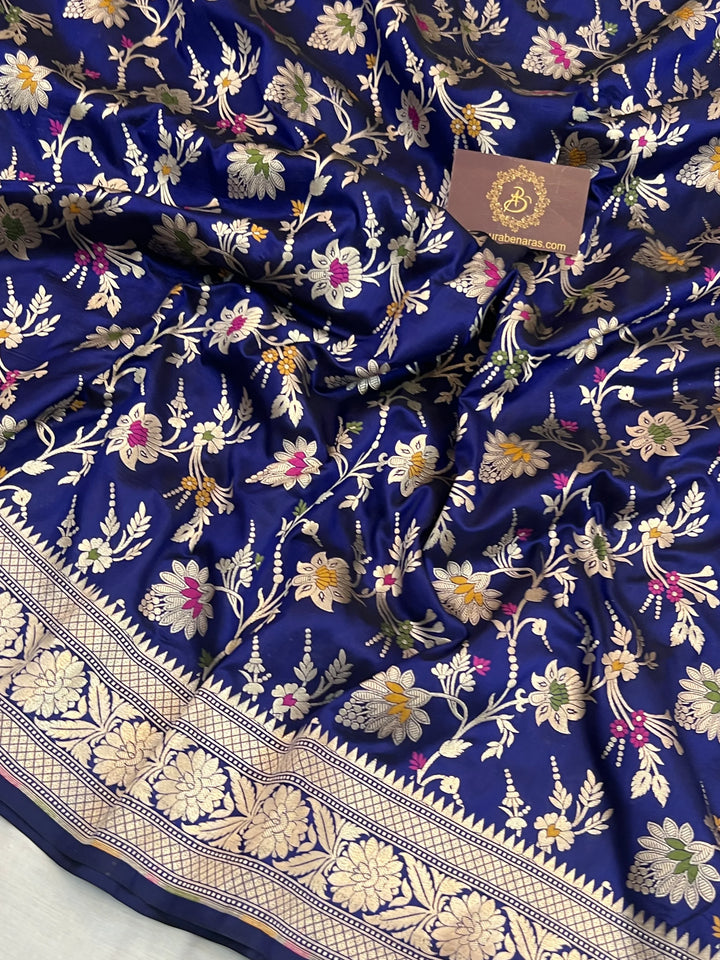 Royal Blue Pure Katan Silk Handloom Saree with Golden Floral Jaal