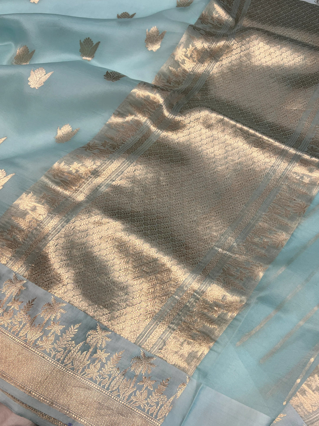 Pale Blue Pure Kora Silk Handloom Banarasi Saree