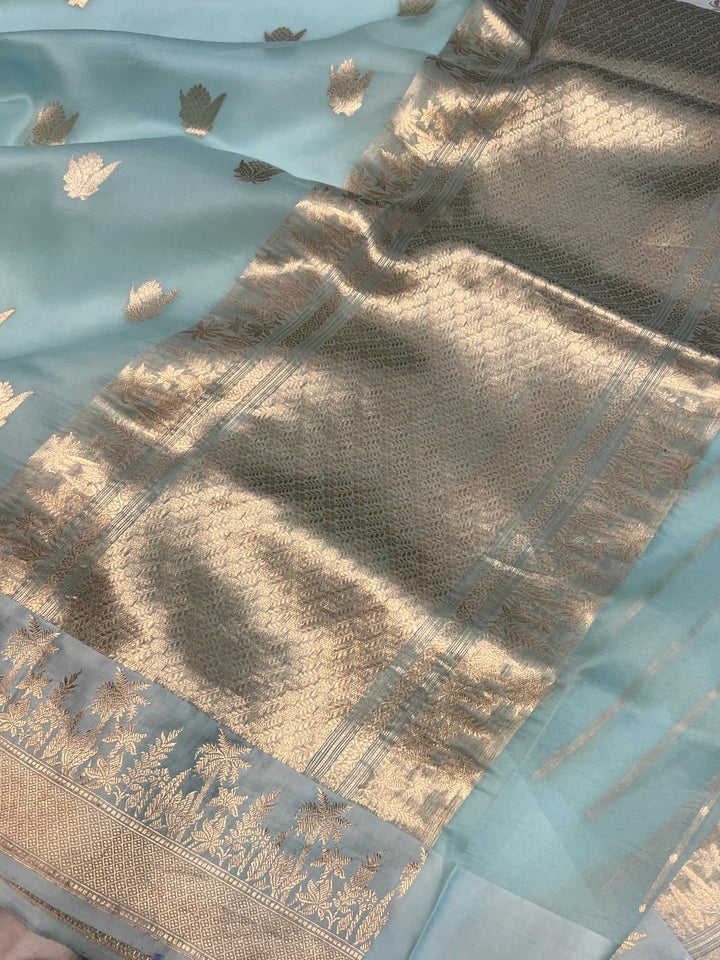 Pale Blue Pure Kora Silk Handloom Banarasi Saree