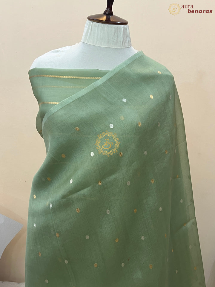 Sage Green Pure Kora silk Handloom Banarasi Saree