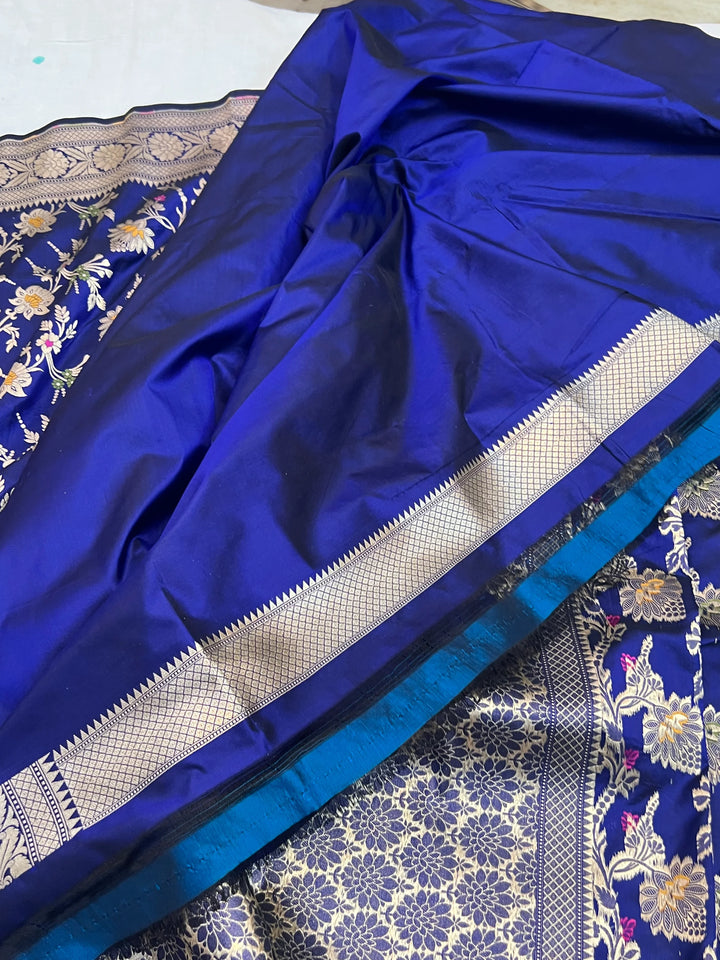 Royal Blue Pure Katan Silk Handloom Saree with Golden Floral Jaal