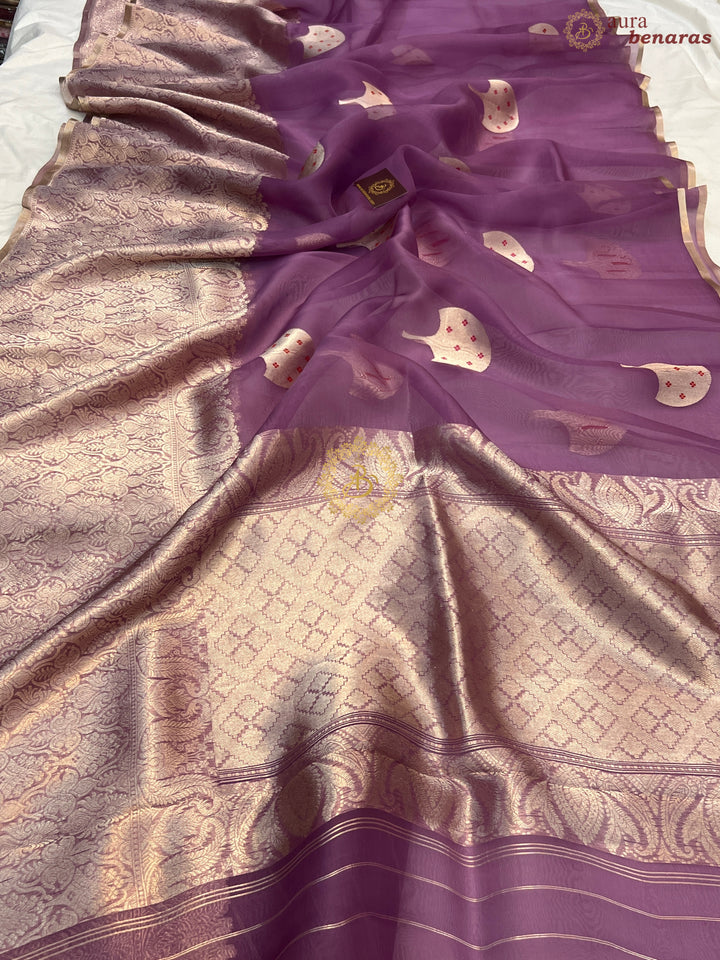 Dusty Lavender Pure Kora Silk Handloom Banarasi Saree