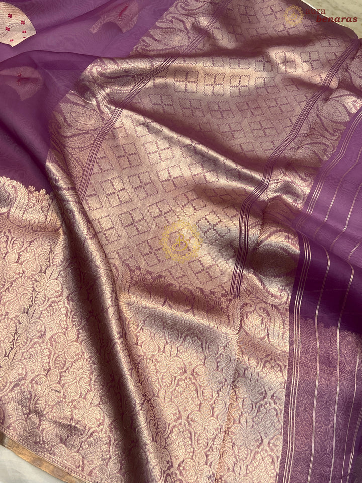 Dusty Lavender Pure Kora Silk Handloom Banarasi Saree