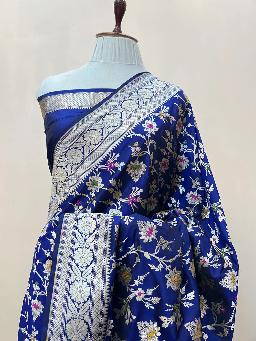 Royal Blue Pure Katan Silk Handloom Saree with Golden Floral Jaal