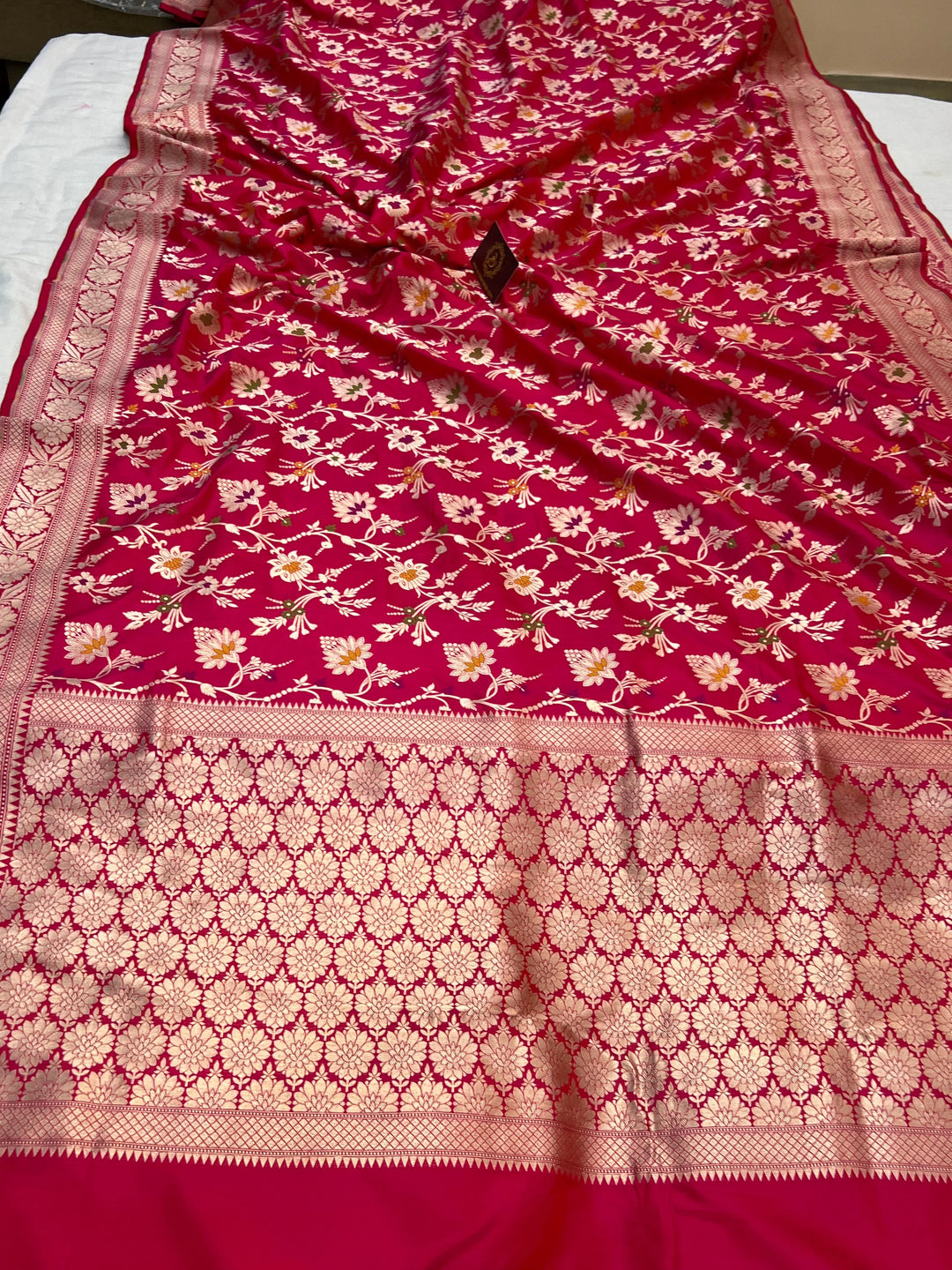 Rani Pink Pure Katan Silk Handloom Saree with Golden Floral Jaal